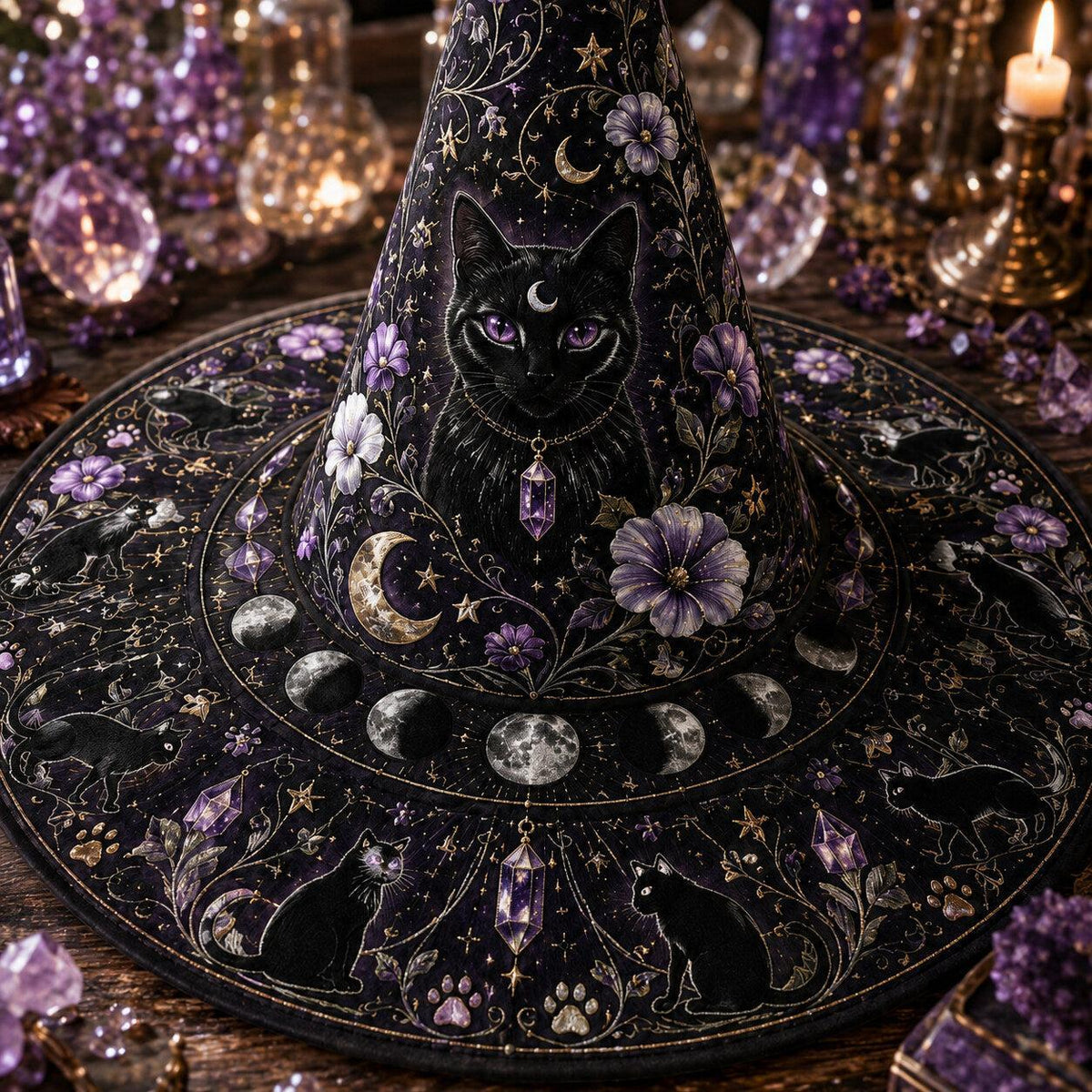 Black Cat Witch Hat – Celestial Moon Phase Wiccan Wide Brim Hat – styled with candles and crystals