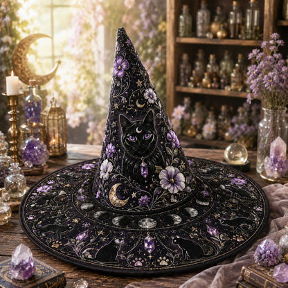 Black Cat Witch Hat – Celestial Moon Phase Wiccan Wide Brim Hat – quilting and print detail