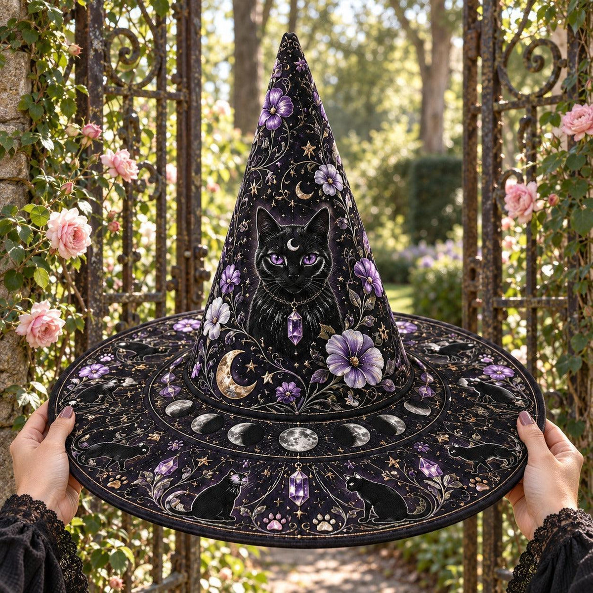 Black Cat Witch Hat held by witch hands outdoors in natural sunlight