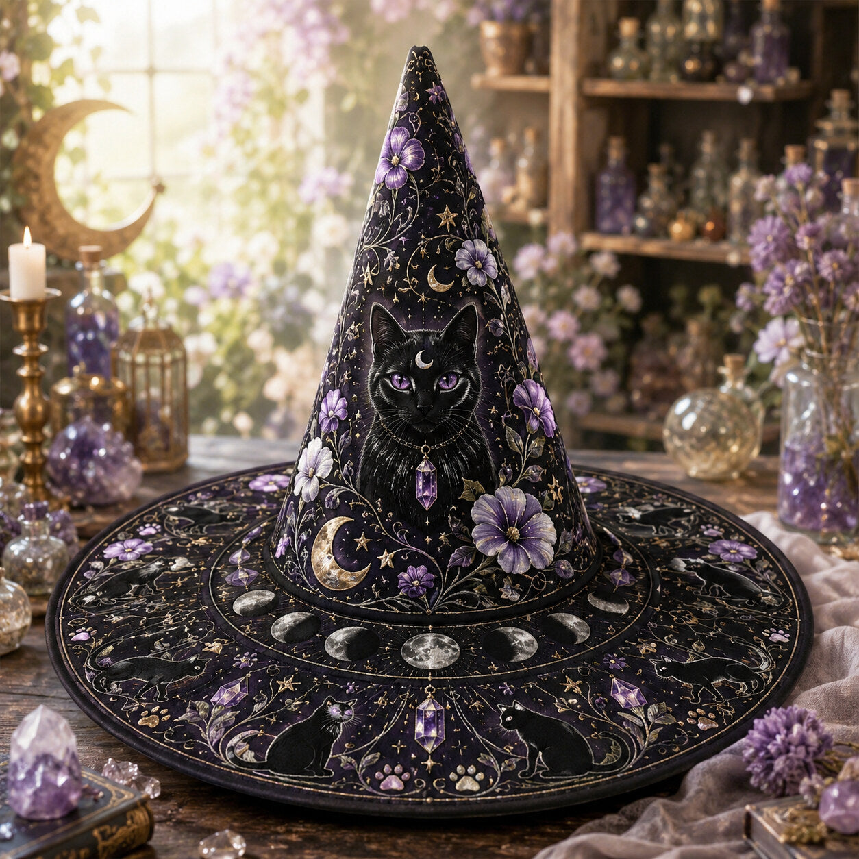 Black Cat Witch Hat – Celestial Moon Phase Wiccan Wide Brim Hat – on an altar table