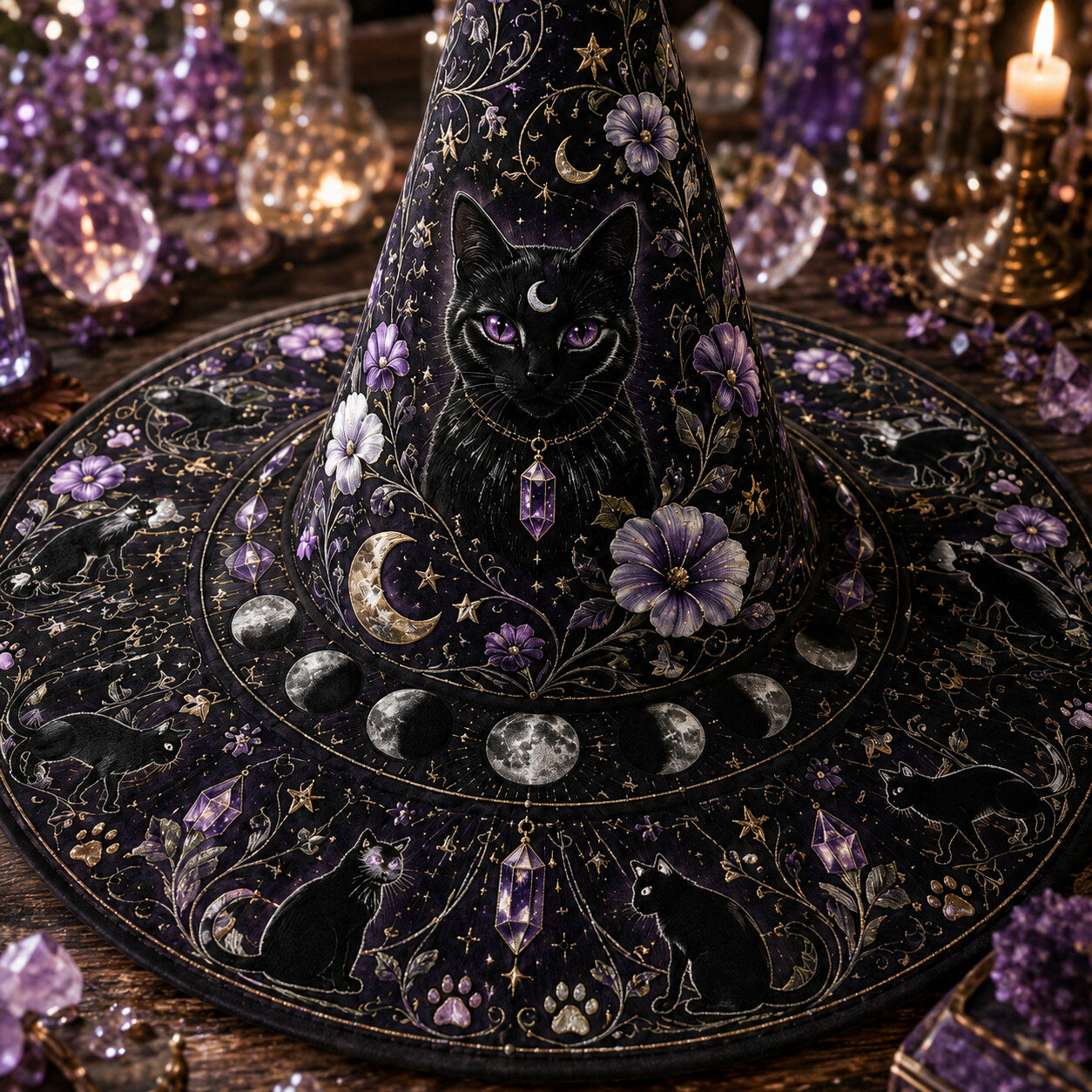 Black Cat Witch Hat – Celestial Moon Phase Wiccan Wide Brim Hat – styled with candles and crystals