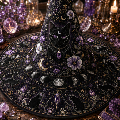 Black Cat Witch Hat – Celestial Moon Phase Wiccan Wide Brim Hat – styled with candles and crystals
