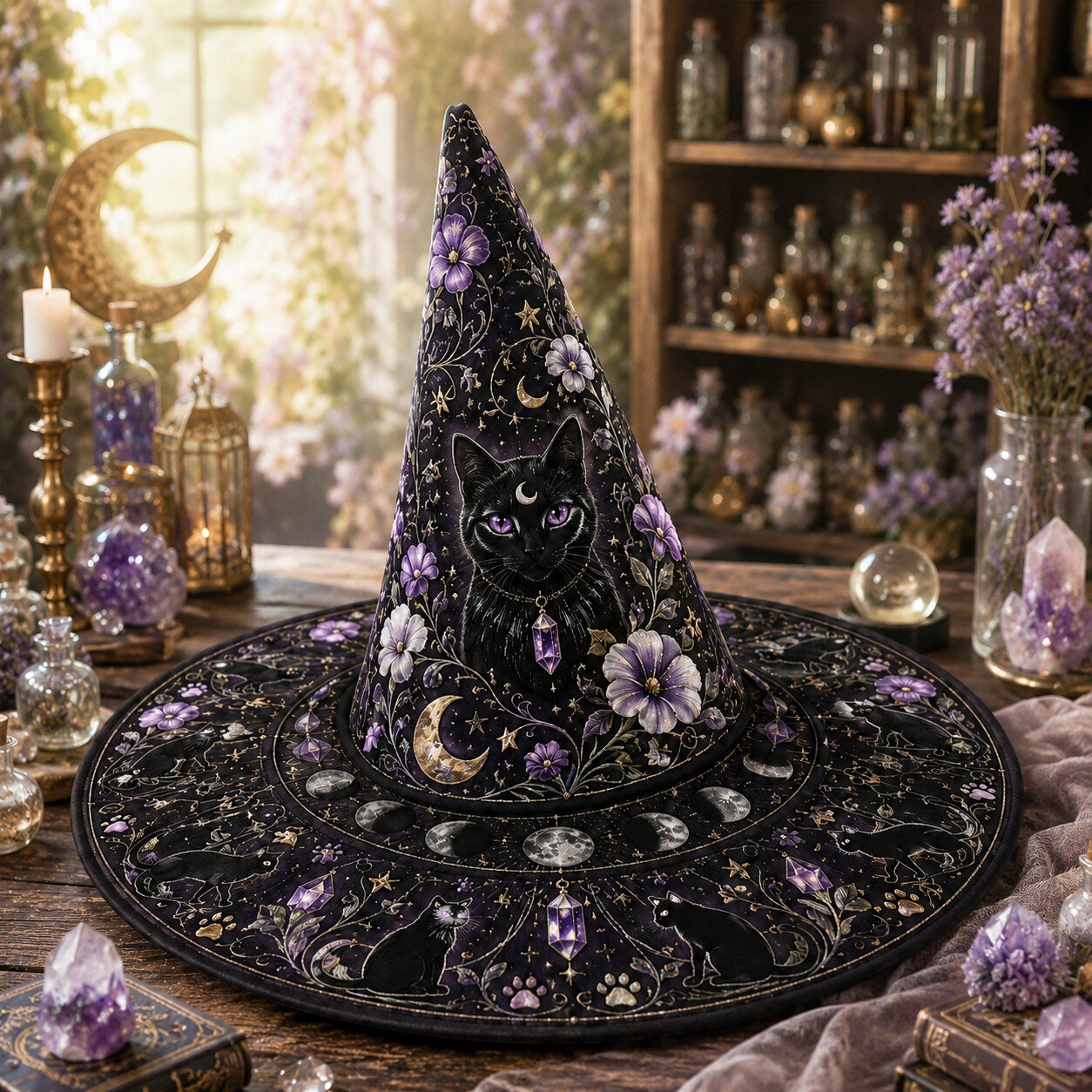 Black Cat Witch Hat – Celestial Moon Phase Wiccan Wide Brim Hat – quilting and print detail
