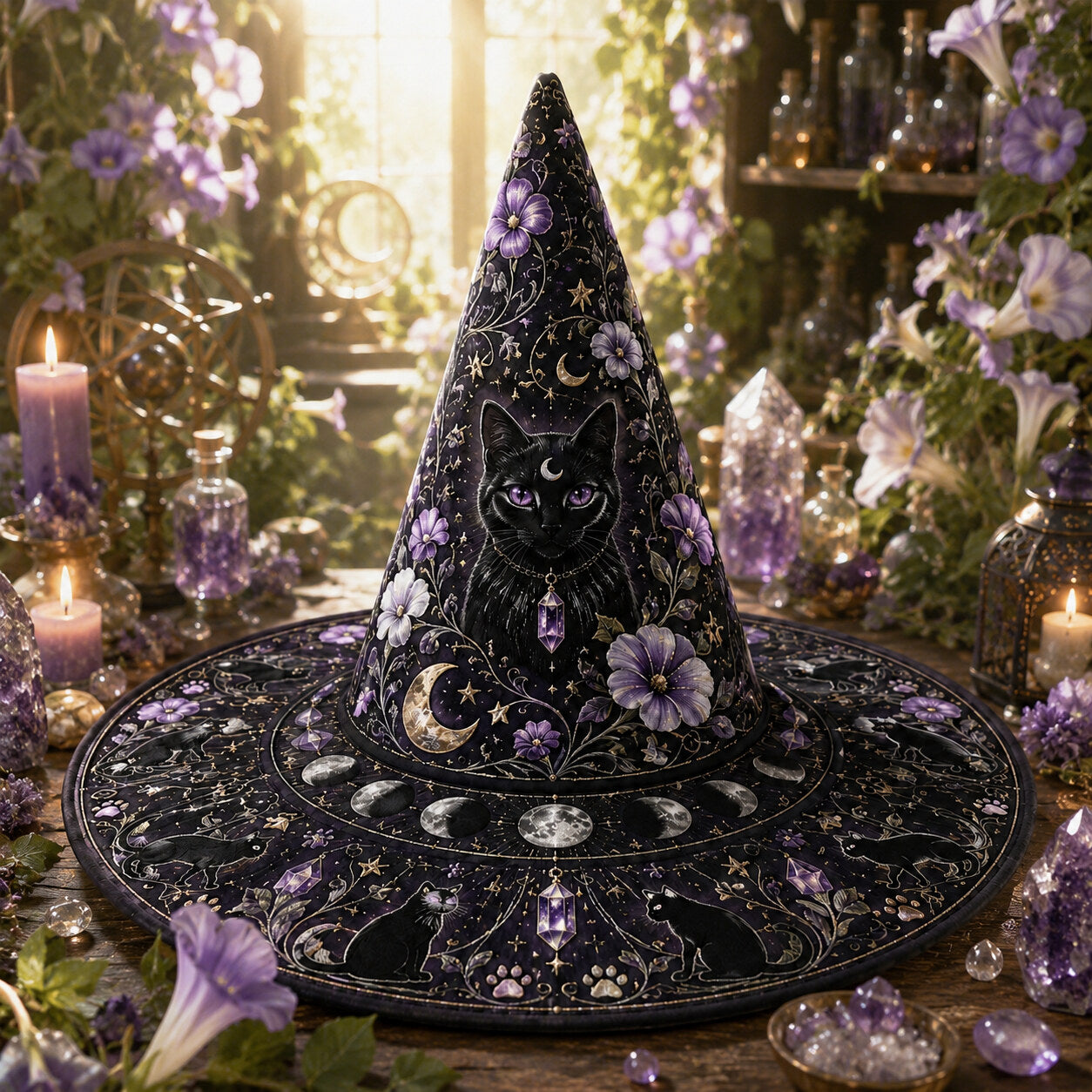 Black Cat Witch Hat – Celestial Moon Phase Wiccan Wide Brim Hat – held in both hands