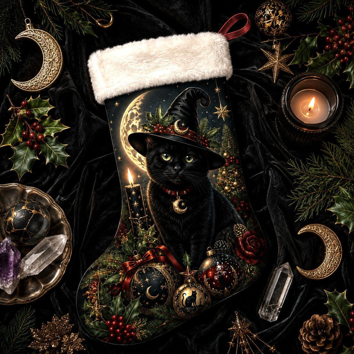 Black Cat Witch Hat Christmas Stocking Gothic Kitty Yule Decor