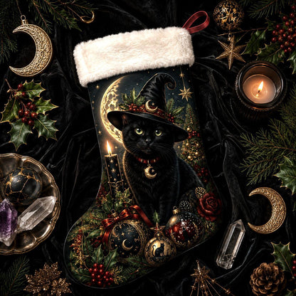 Black Cat Witch Hat Christmas Stocking Gothic Kitty Yule Decor
