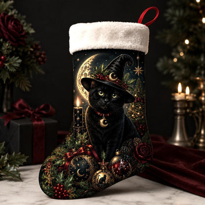 Black Cat Witch Hat Christmas Stocking Gothic Kitty Yule Decor, styled shot 2