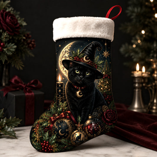 Black Cat Witch Hat Christmas Stocking Gothic Kitty Yule Decor, styled shot 2