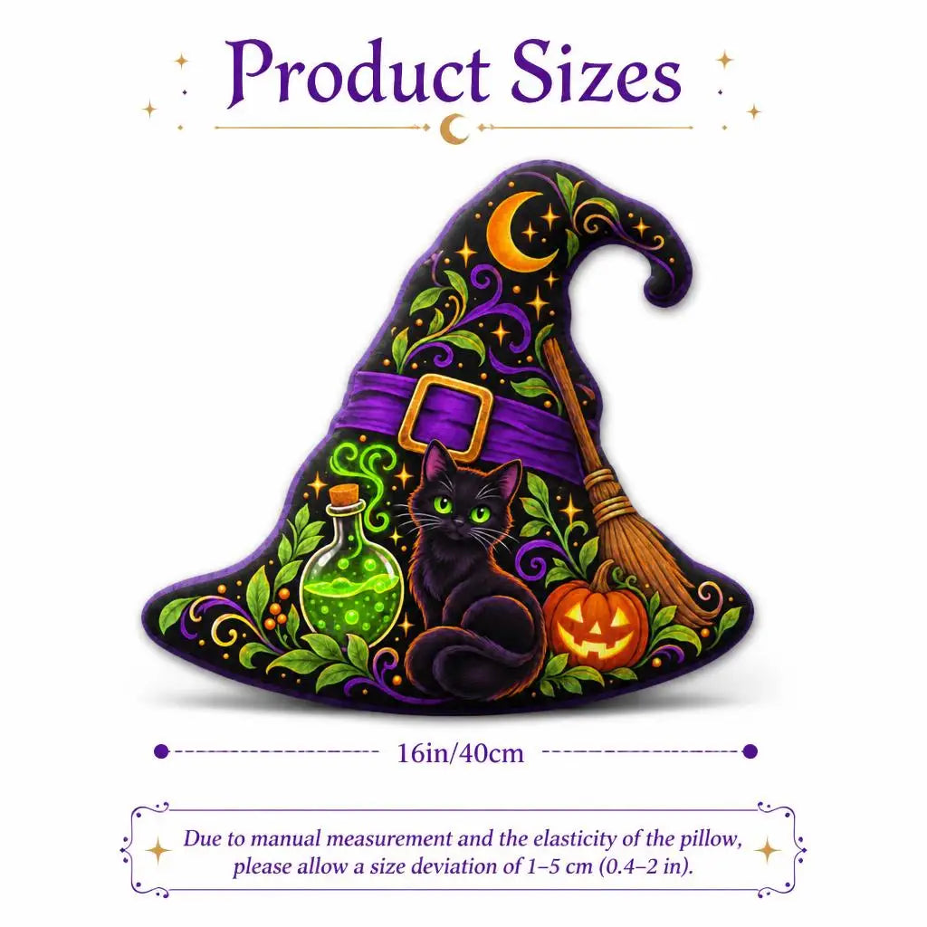 Size guide showing 16 inch / 40 cm: decorative plush pillow featuring black cat witch-hat artwork