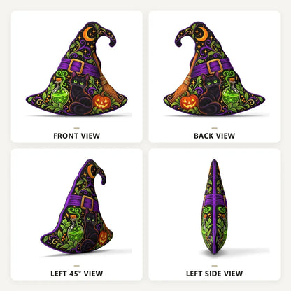 Front, back and side views: decorative plush pillow featuring black cat witch-hat artwork