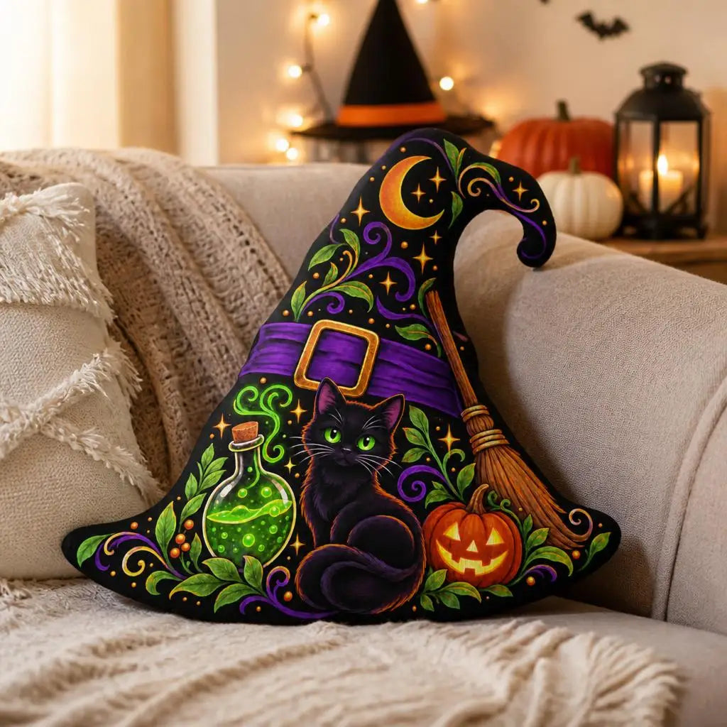Alternate styled room view: decorative plush pillow featuring black cat witch-hat artwork