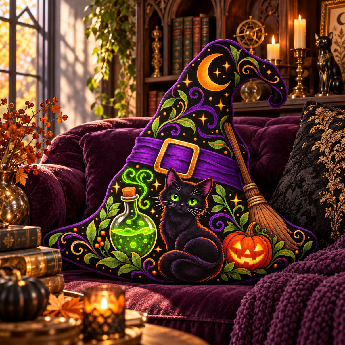 Black Cat Witch Hat Shaped Pillow in a witchy room