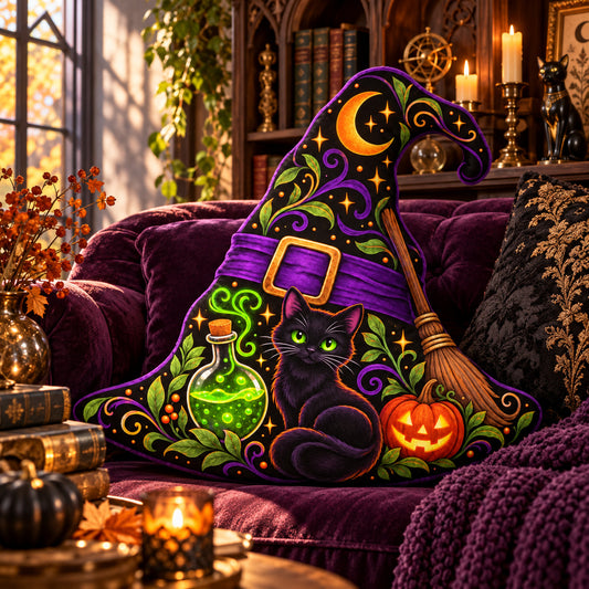Black Cat Witch Hat Shaped Pillow in a witchy room