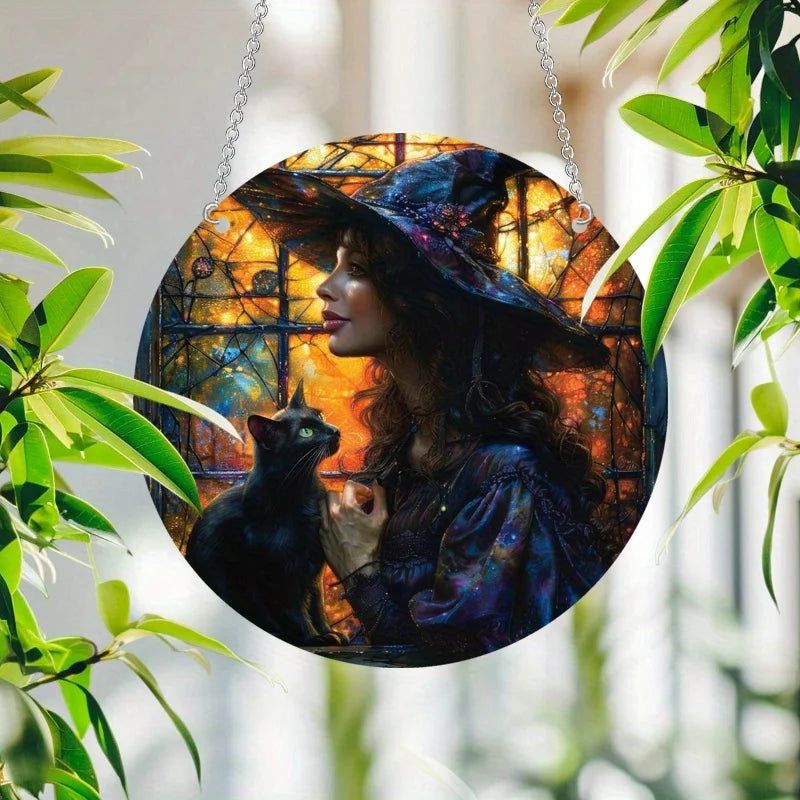 Black Cat Witch Suncatcher Mystic Acrylic Round Sign-MoonChildWorld