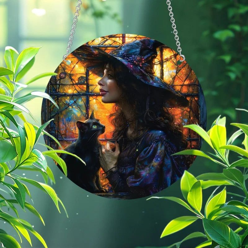 Black Cat Witch Suncatcher Mystic Acrylic Round Sign-MoonChildWorld