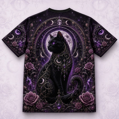 Black Cat Witch Moon Phases T-Shirt Purple Rose Gothic Tee back view