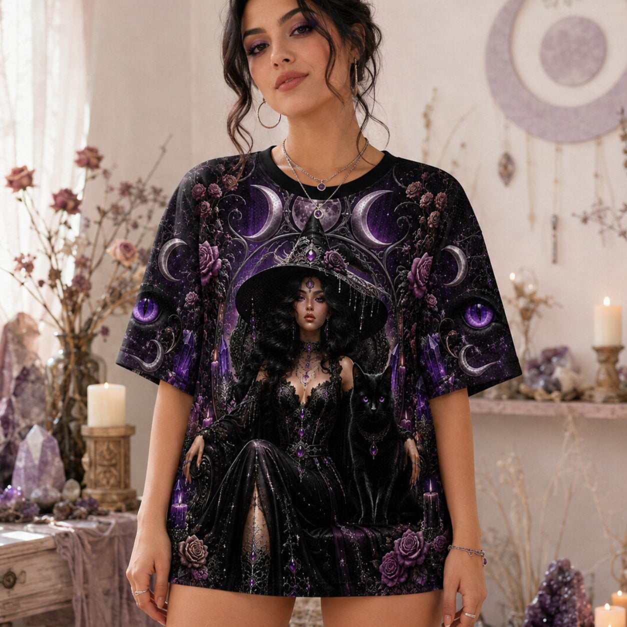 Black Cat Witch Moon Phases T-Shirt Purple Rose Gothic Tee worn, front view