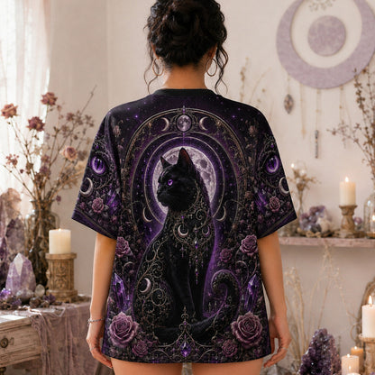 Black Cat Witch Moon Phases T-Shirt Purple Rose Gothic Tee worn, back view