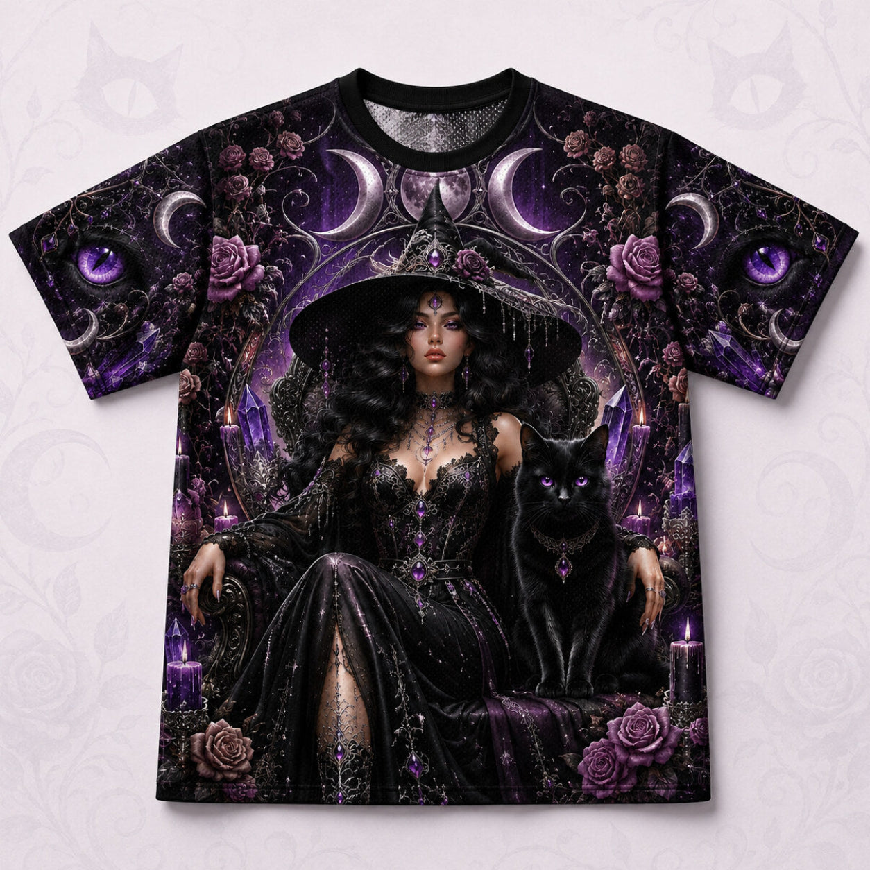 Black Cat Witch Moon Phases T-Shirt Purple Rose Gothic Tee front view