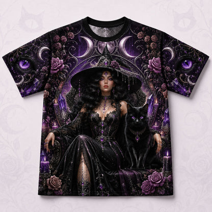 Black Cat Witch Moon Phases T-Shirt Purple Rose Gothic Tee front view