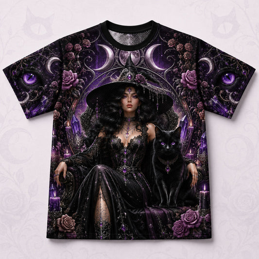 Black Cat Witch Moon Phases T-Shirt Purple Rose Gothic Tee front view