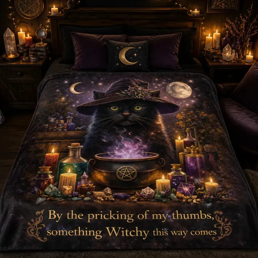 Black Cat Witchcraft Blanket with Mystical Cauldron - Wiccan Blanket for Halloween_mockup_2.webp