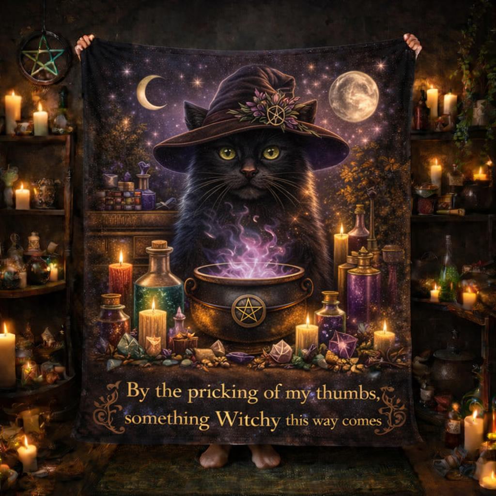 Black Cat Witchcraft Blanket with Mystical Cauldron - Wiccan Blanket for Halloween-MoonChildWorld