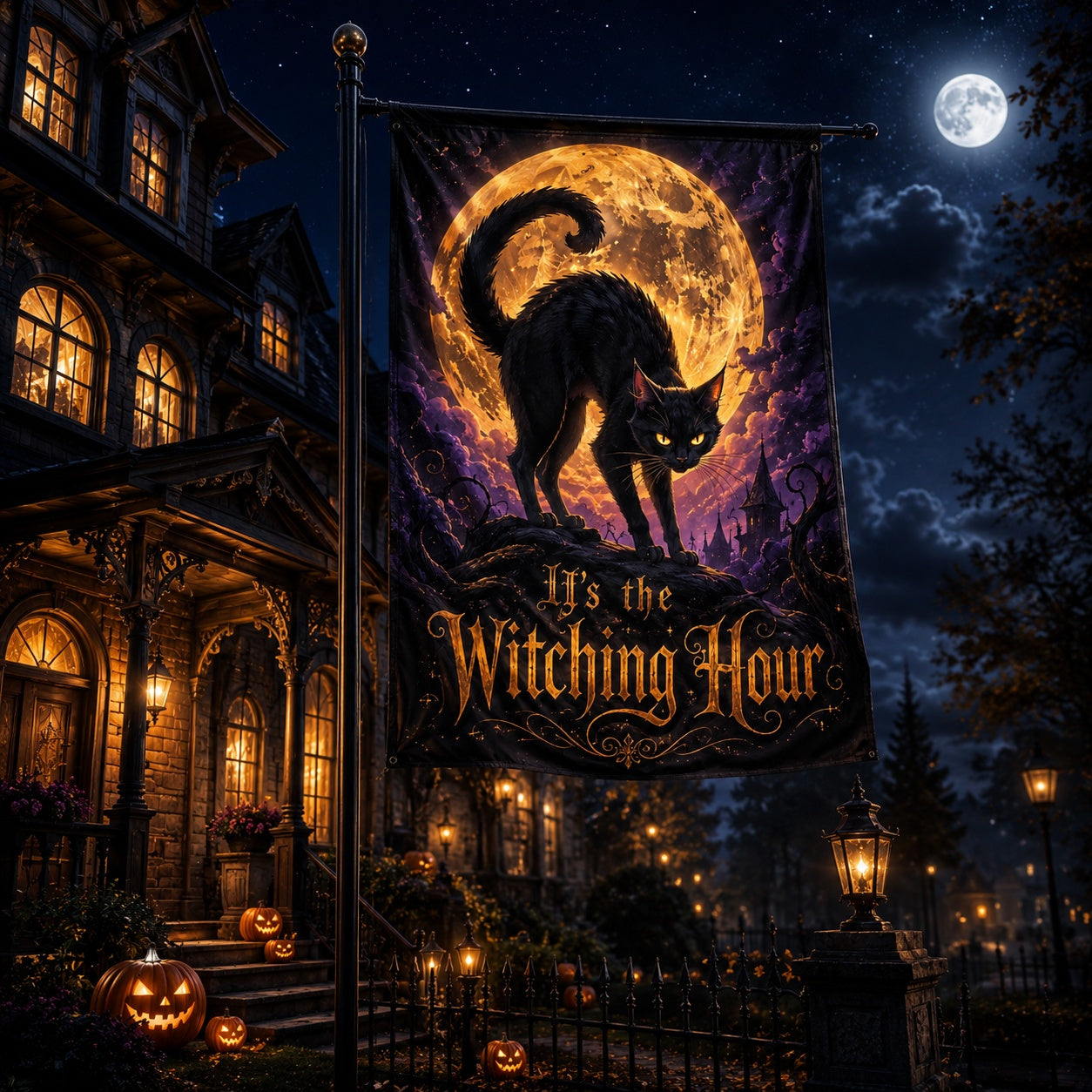 Close-up of Black Cat Witching Hour house flag showing black cat artwork
