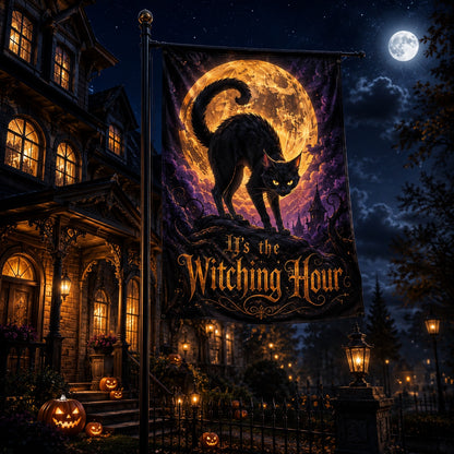 Close-up of Black Cat Witching Hour house flag showing black cat artwork