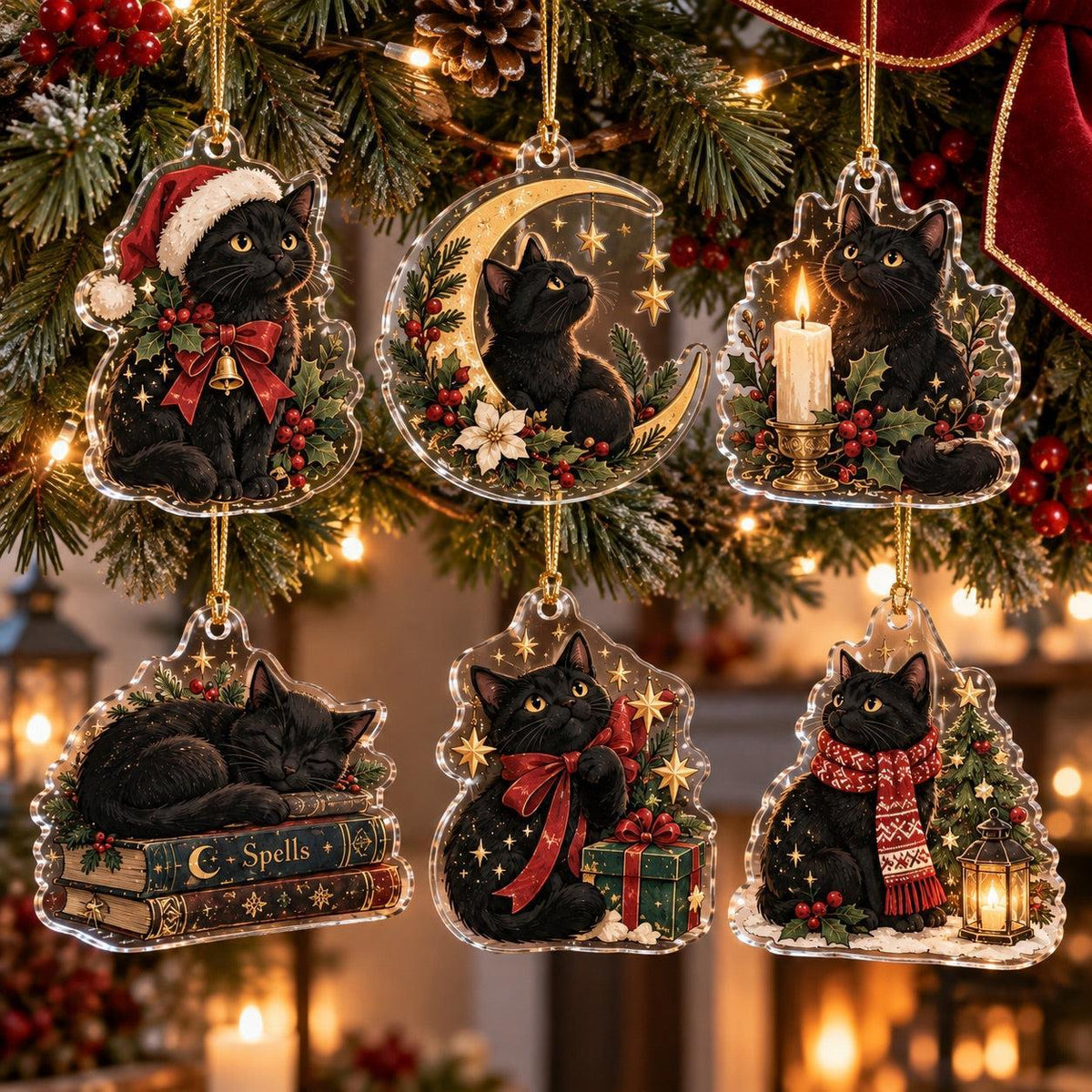 Black Cat Witchy Christmas Acrylic Ornament Set – Gothic Yule Tree Decor – set of 6 acrylic ornaments