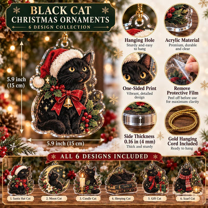 Black Cat Witchy Christmas Acrylic Ornament Set – Gothic Yule Tree Decor – ornament size and details