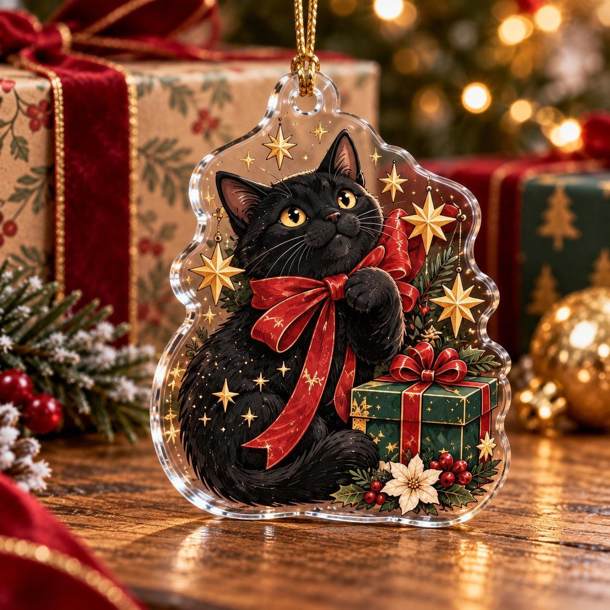 Black Cat Witchy Christmas Acrylic Ornament Set – Gothic Yule Tree Decor – Gift Box Cat ornament