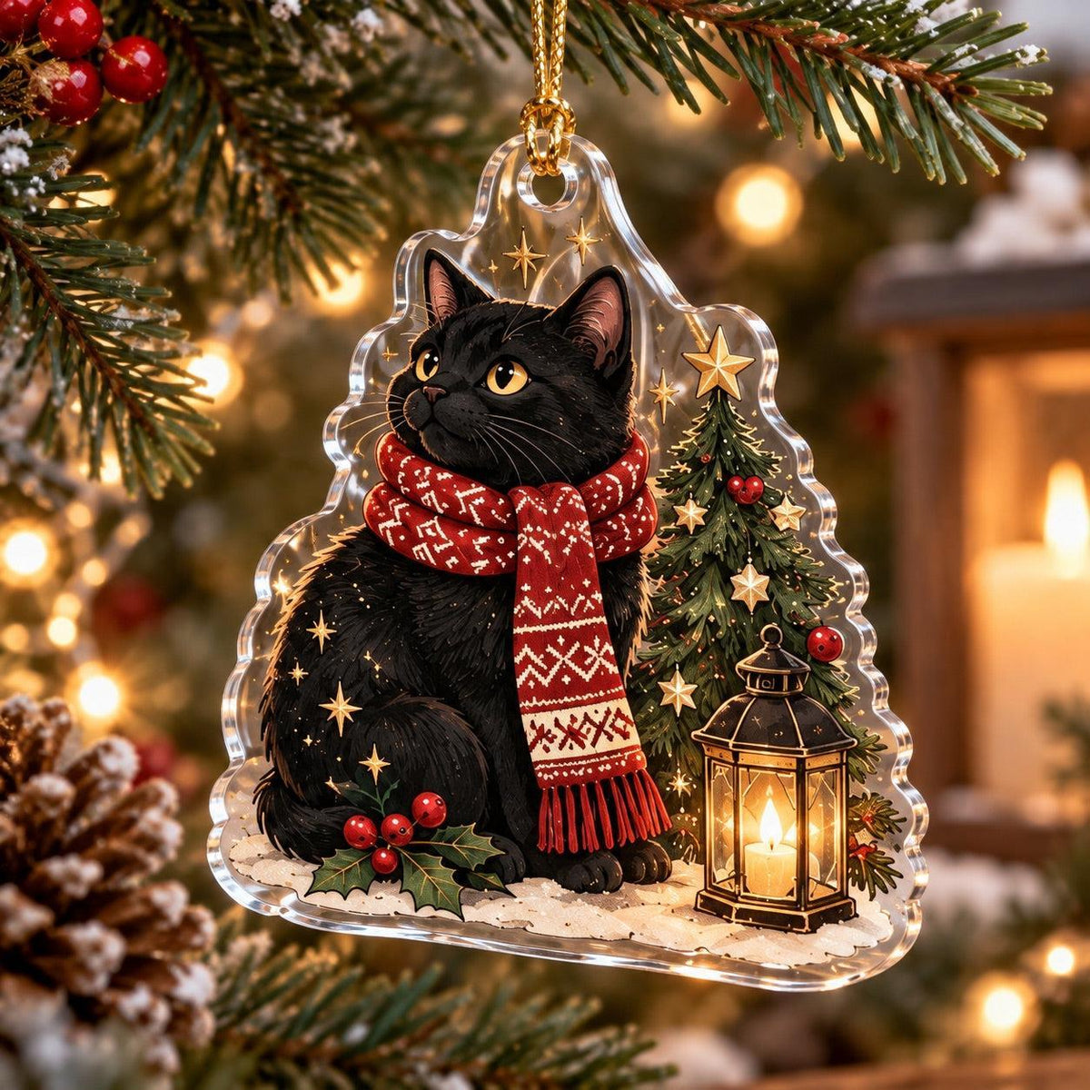 Black Cat Witchy Christmas Acrylic Ornament Set – Gothic Yule Tree Decor – Scarf Lantern Cat ornament