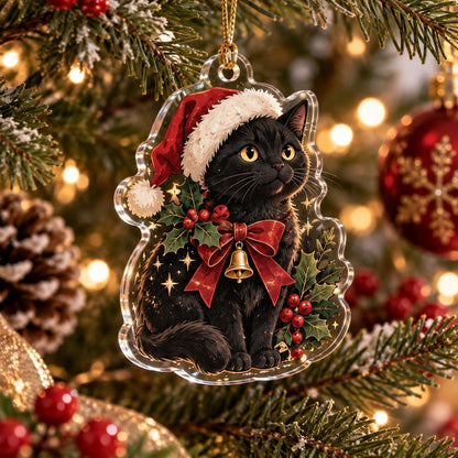 Black Cat Witchy Christmas Acrylic Ornament Set – Gothic Yule Tree Decor – Santa Hat Cat ornament