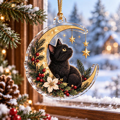 Black Cat Witchy Christmas Acrylic Ornament Set – Gothic Yule Tree Decor – Crescent Moon Cat ornament