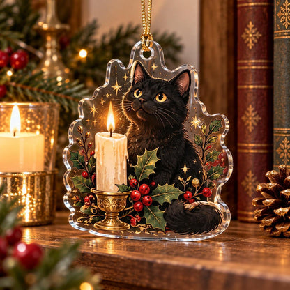 Black Cat Witchy Christmas Acrylic Ornament Set – Gothic Yule Tree Decor – Candlelight Cat ornament
