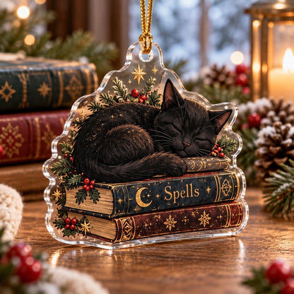 Black Cat Witchy Christmas Acrylic Ornament Set – Gothic Yule Tree Decor – Sleeping Spellbook Cat ornament