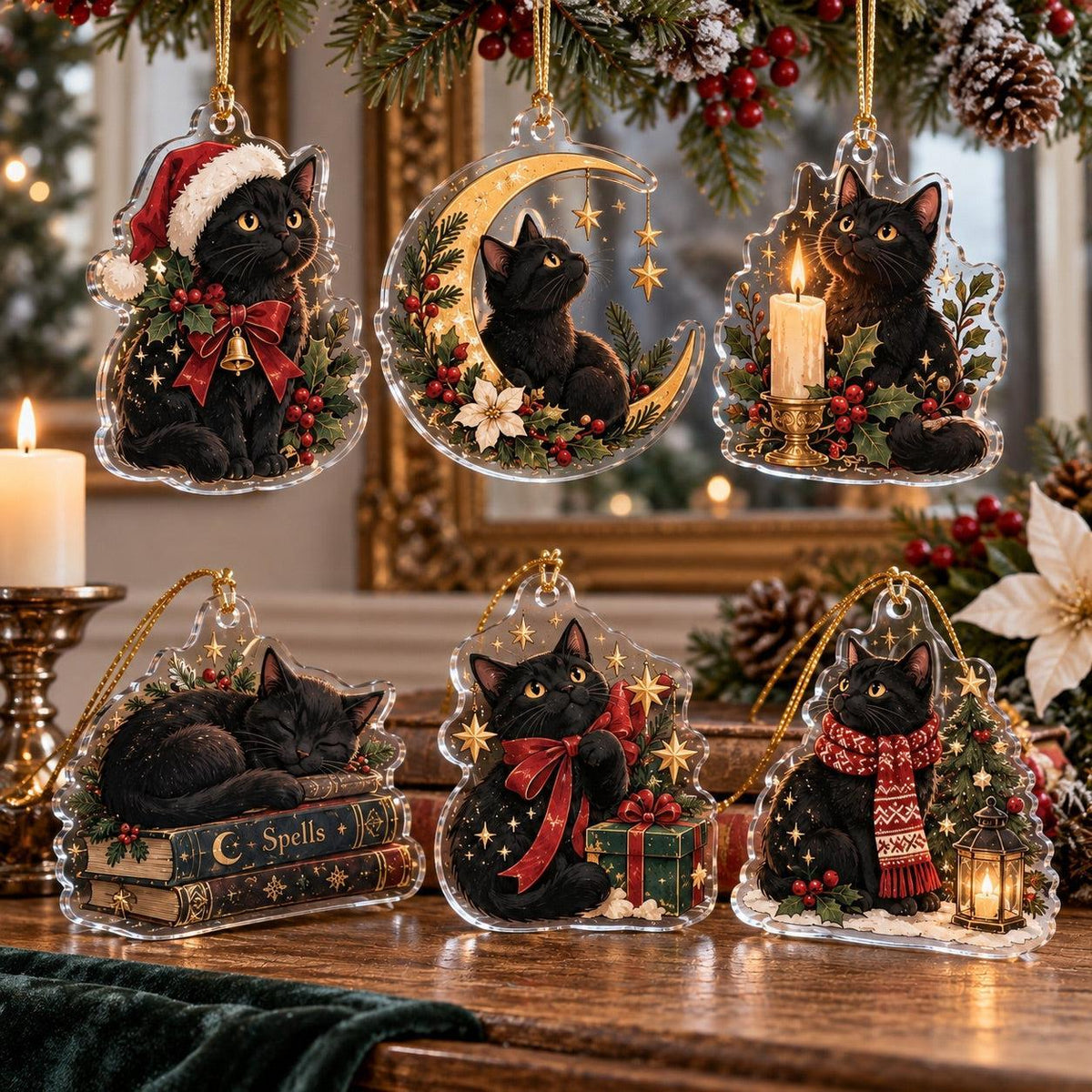 Black Cat Witchy Christmas Acrylic Ornament Set – Gothic Yule Tree Decor – set of 6, another view