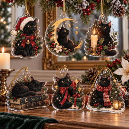 Black Cat Witchy Christmas Acrylic Ornament Set – Gothic Yule Tree Decor – set of 6, another view