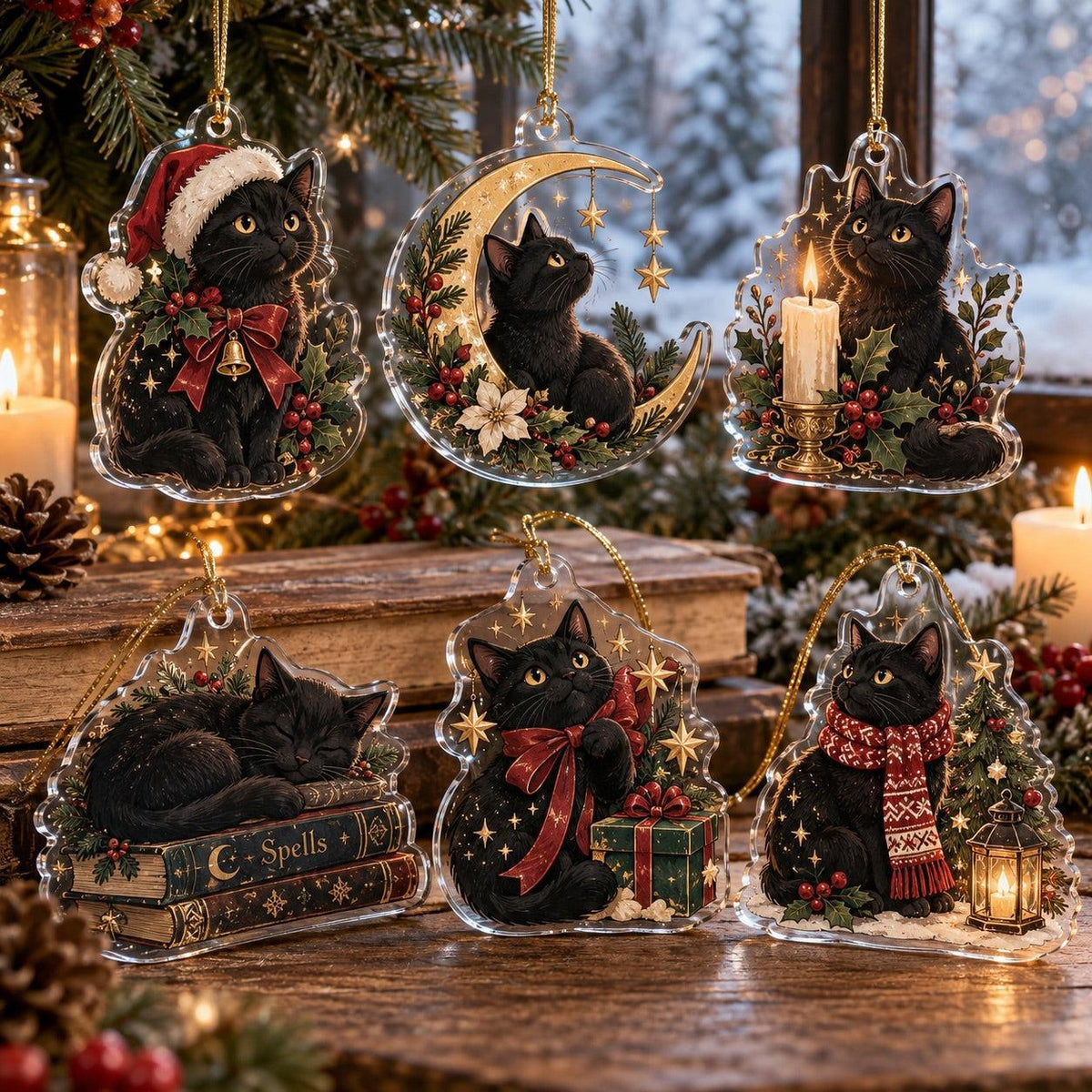 Black Cat Witchy Christmas Acrylic Ornament Set – Gothic Yule Tree Decor – set of 6, another view