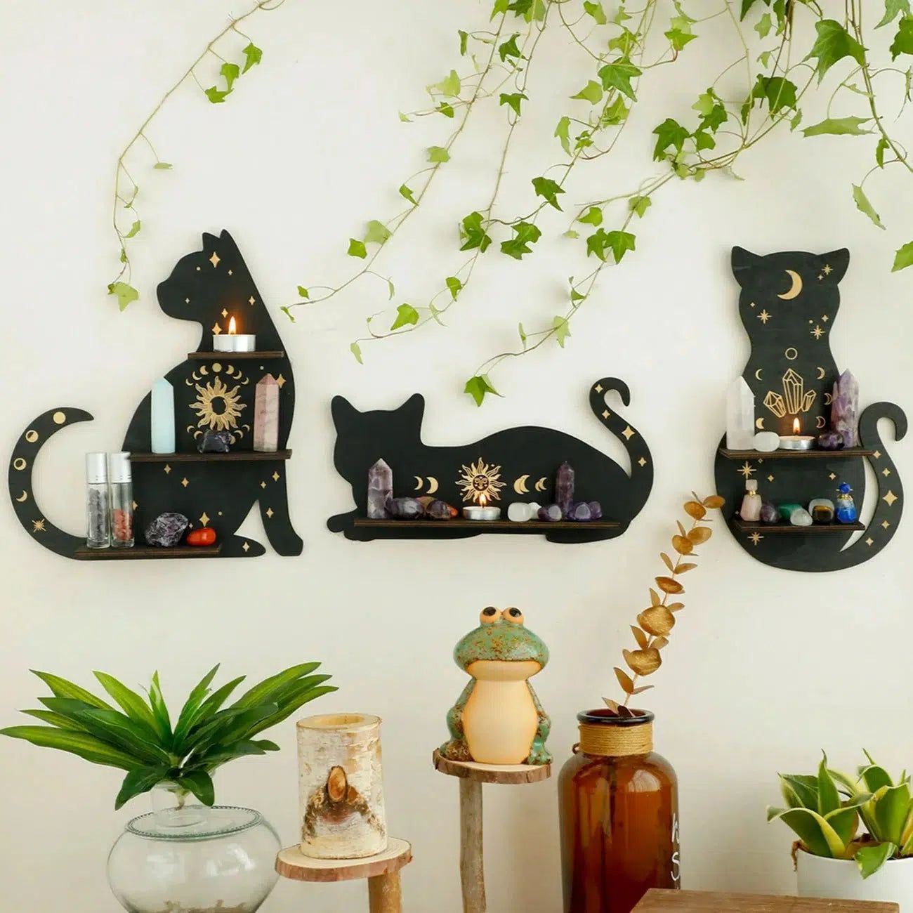 Black Cat Wooden Shelf Moon Phase Floating Shelf Chakra Crystal Holder-MoonChildWorld