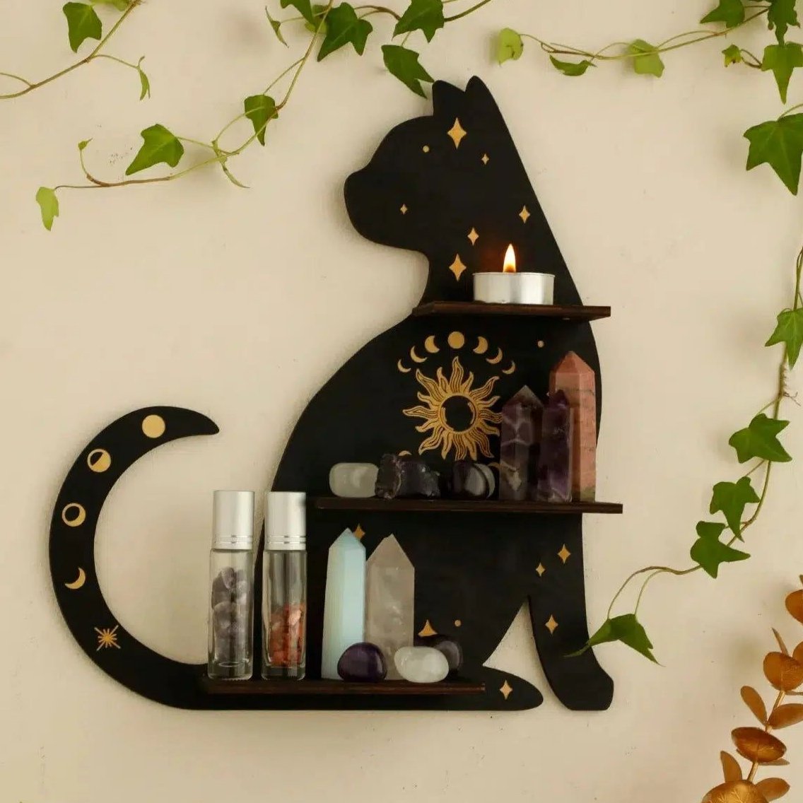 Black Cat Wooden Shelf Moon Phase Floating Shelf Chakra Crystal Holder-MoonChildWorld