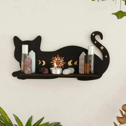 Black Cat Wooden Shelf Moon Phase Floating Shelf Chakra Crystal Holder-MoonChildWorld