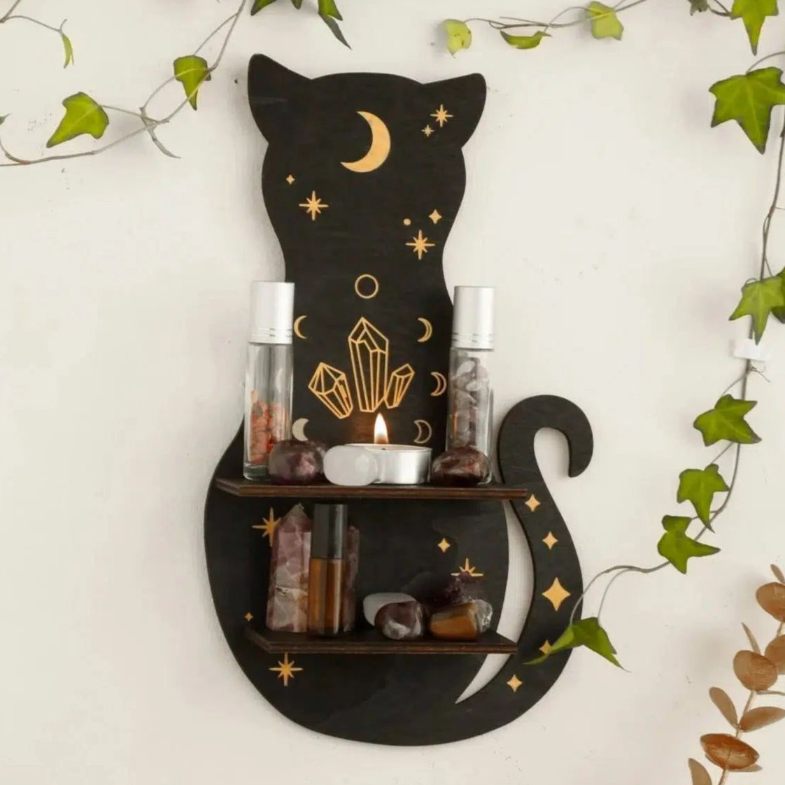 Black Cat Wooden Shelf Moon Phase Floating Shelf Chakra Crystal Holder-MoonChildWorld