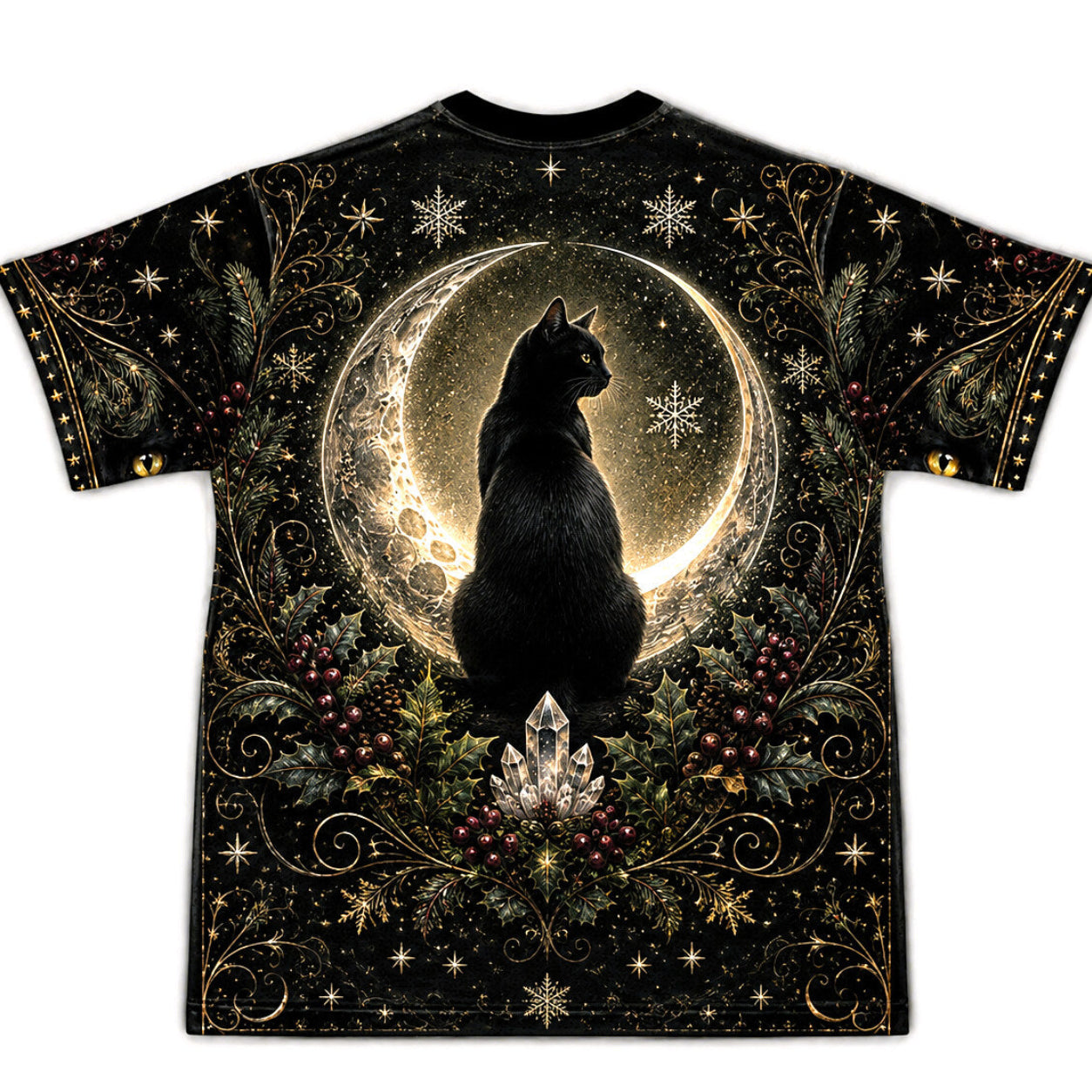 Black Cat Yule Log T-Shirt Gold Crescent Candle Winter Tee back view