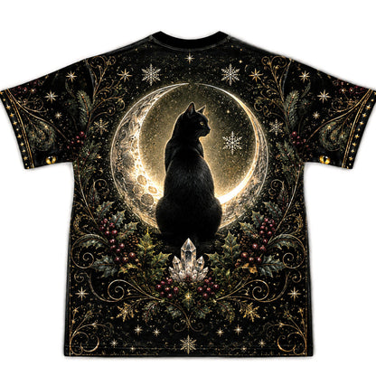 Black Cat Yule Log T-Shirt Gold Crescent Candle Winter Tee back view