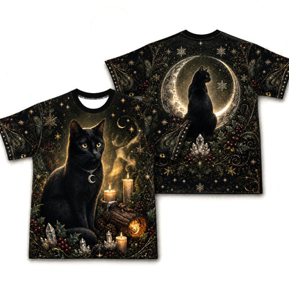 Black Cat Yule Log T-Shirt Gold Crescent Candle Winter Tee front and back together