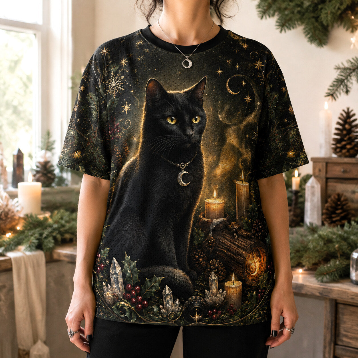 Black Cat Yule Log T-Shirt Gold Crescent Candle Winter Tee worn, front view