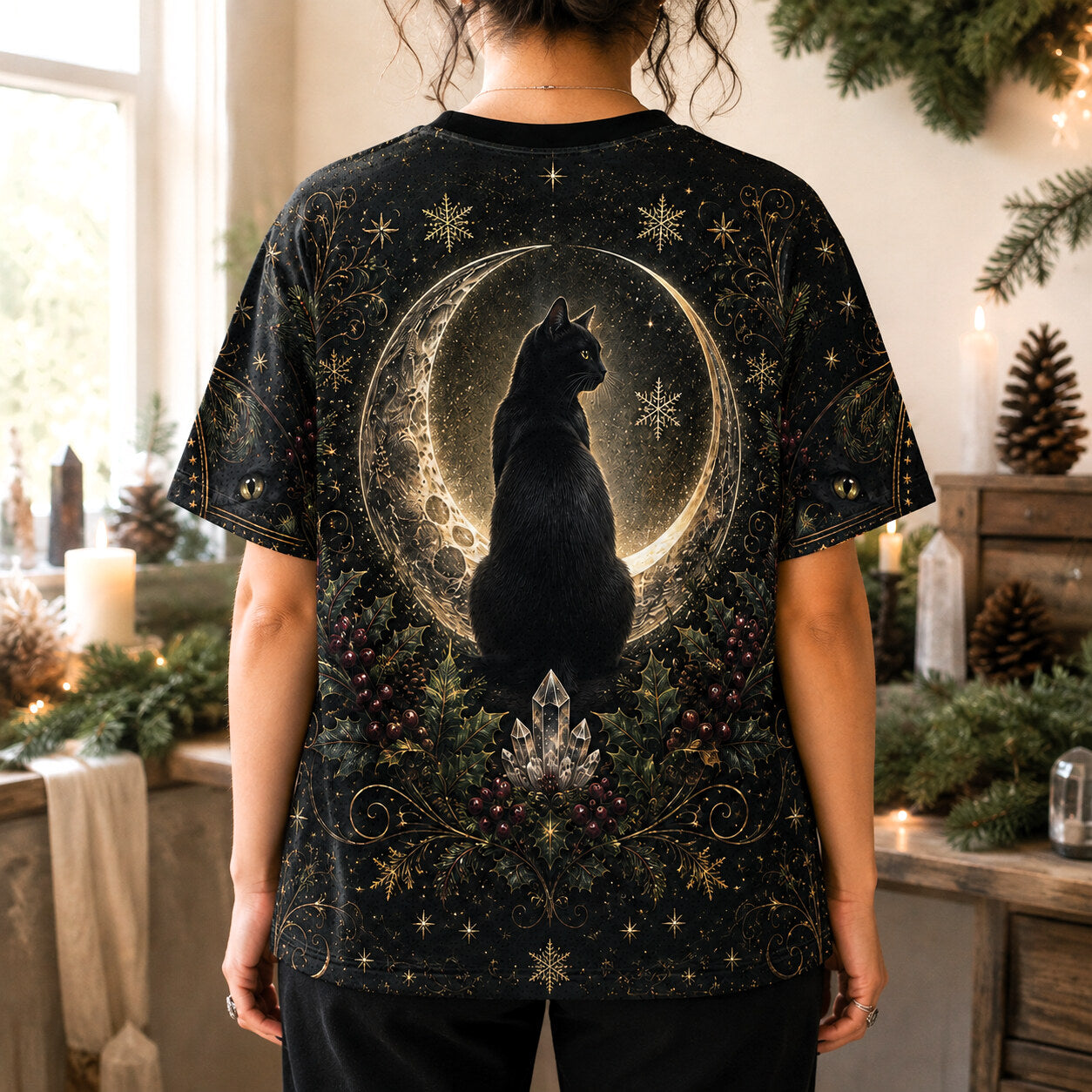 Black Cat Yule Log T-Shirt Gold Crescent Candle Winter Tee worn, back view