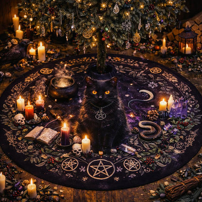 Gothic black velvet tree skirt with a black cat, pentagrams, moon, and Yule decor.